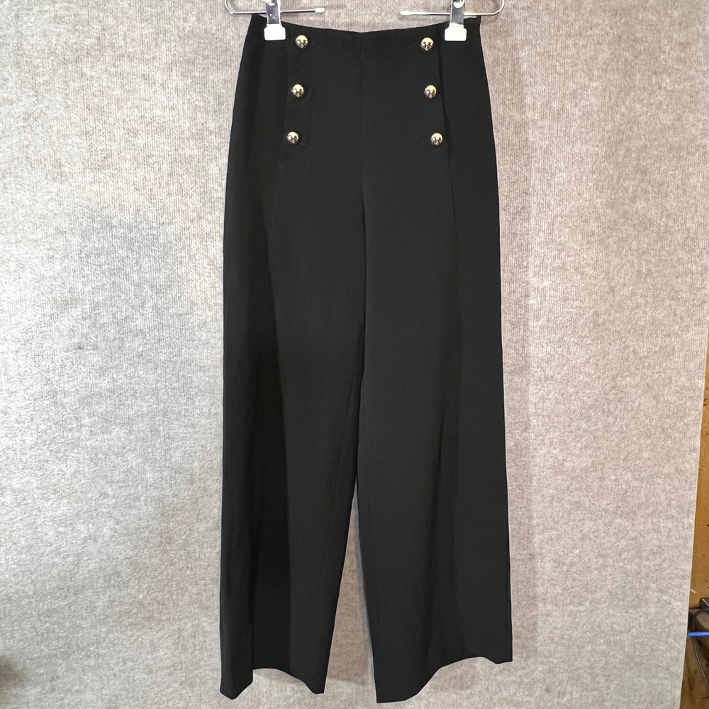 HM Sailor Wide Leg Pants Women Size 4 Black Gold Button High Waist Dark Academia